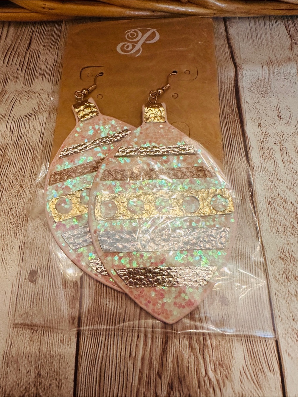 Pale Pink Iridescent whimsical light bulb Earrings with Gold Accents*Plunder* - Picture 6 of 6